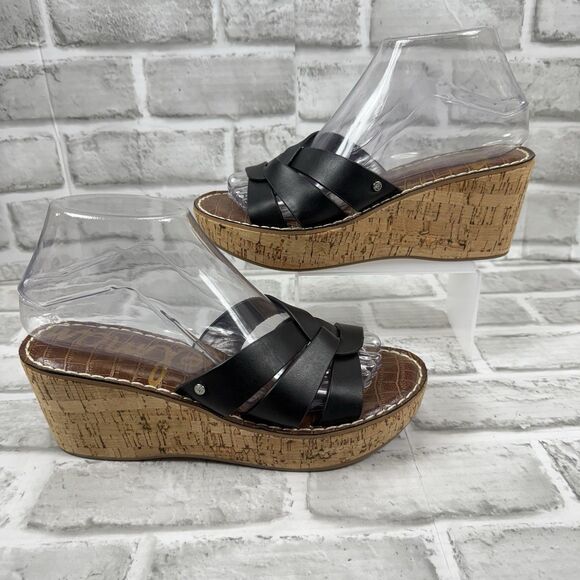 Sam Edelman Raynere Women’s Size 7.5 Black Leather Platform Cork Wedge Sandal - Picture 1 of 12